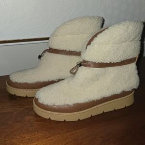 Marc Fisher Cream Sherpa Kamryn Boots with Brown Trim